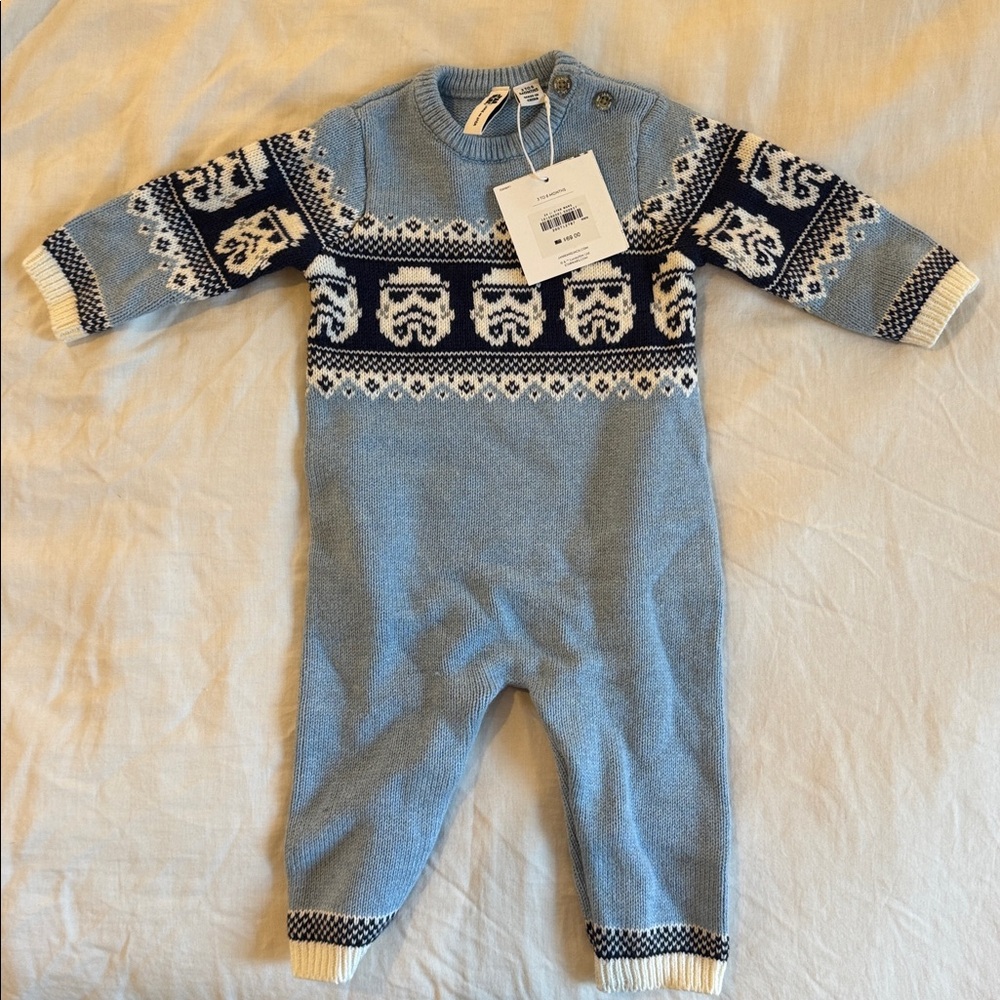 Janie and Jack Blue and Cream Star Wars Knit Baby Romper